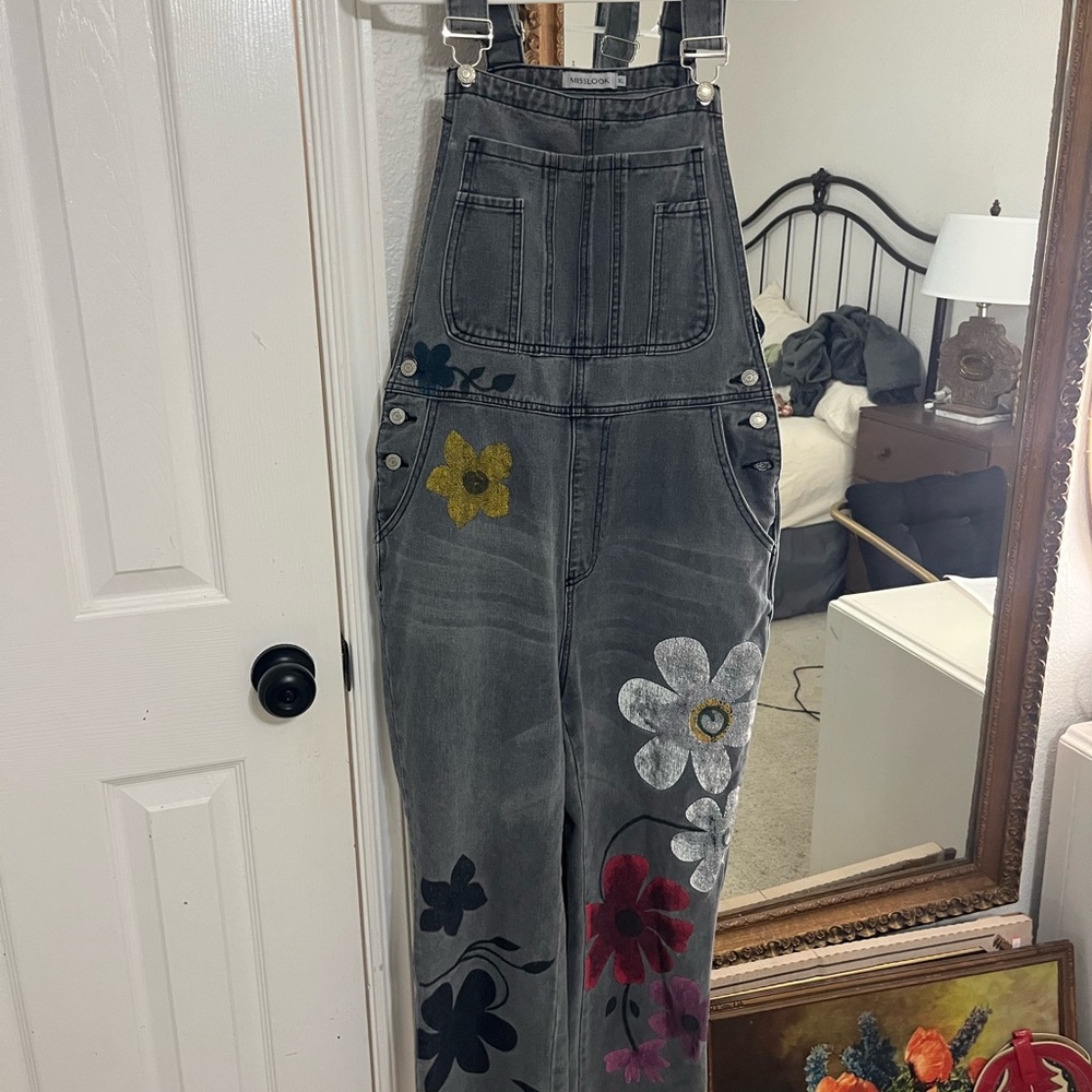 Vintage Floral Embroidered Gray Denim Overalls